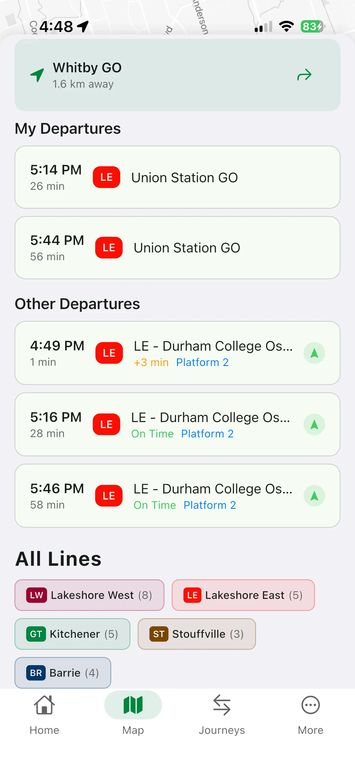 GoPulse home screen showing departures from Whitby GO with platform info, journey times, and service alerts